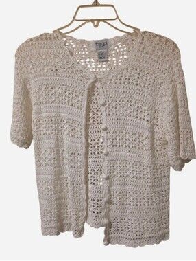 Vintage Teddi Cream Crochet Short-Sleeve Button-Up Cardigan